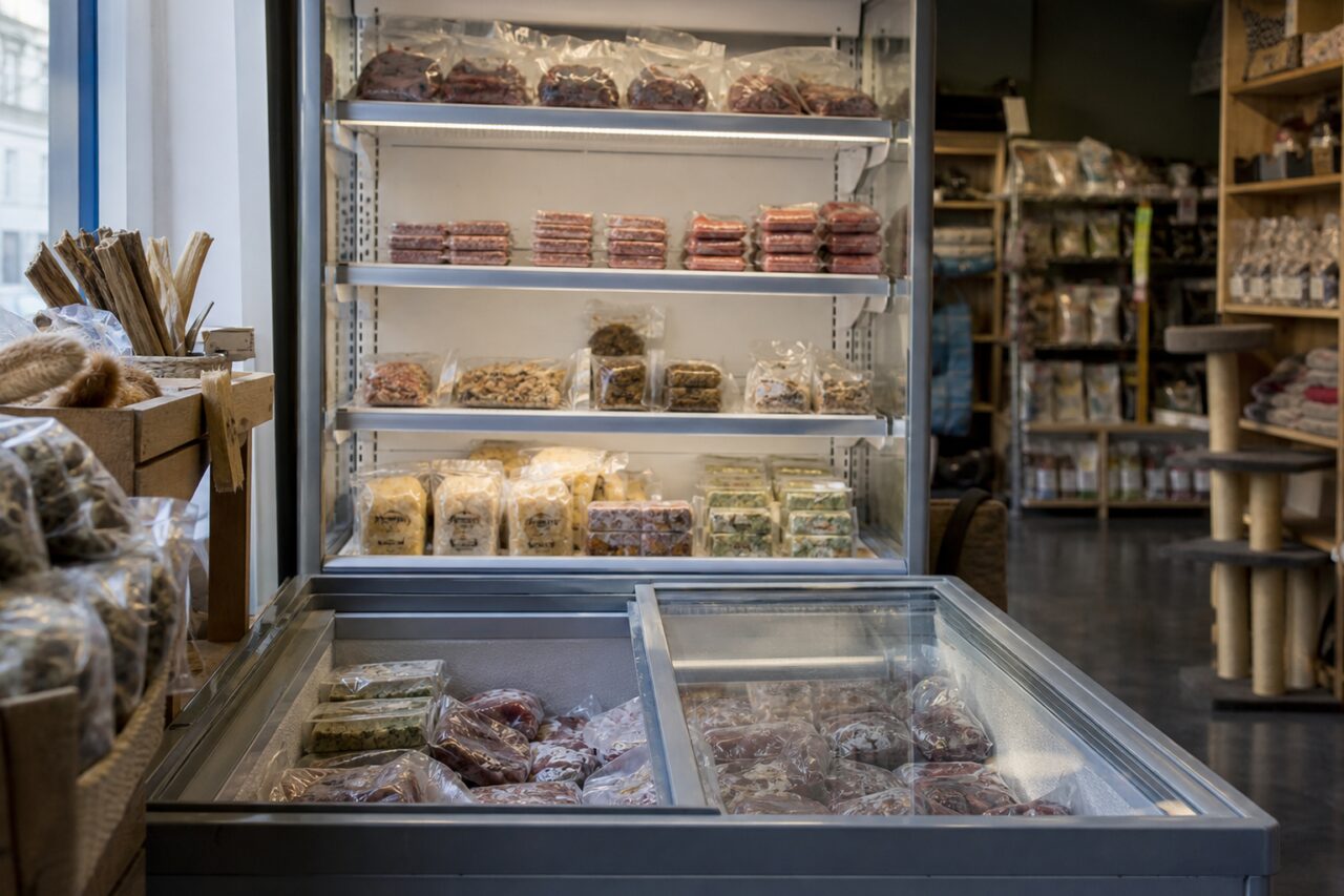 Aliments emballés pour animaux présentés sous vitrine froide
