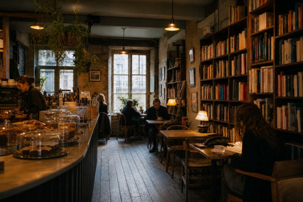 Doorgang in het café tussen gebak en boekenkasten