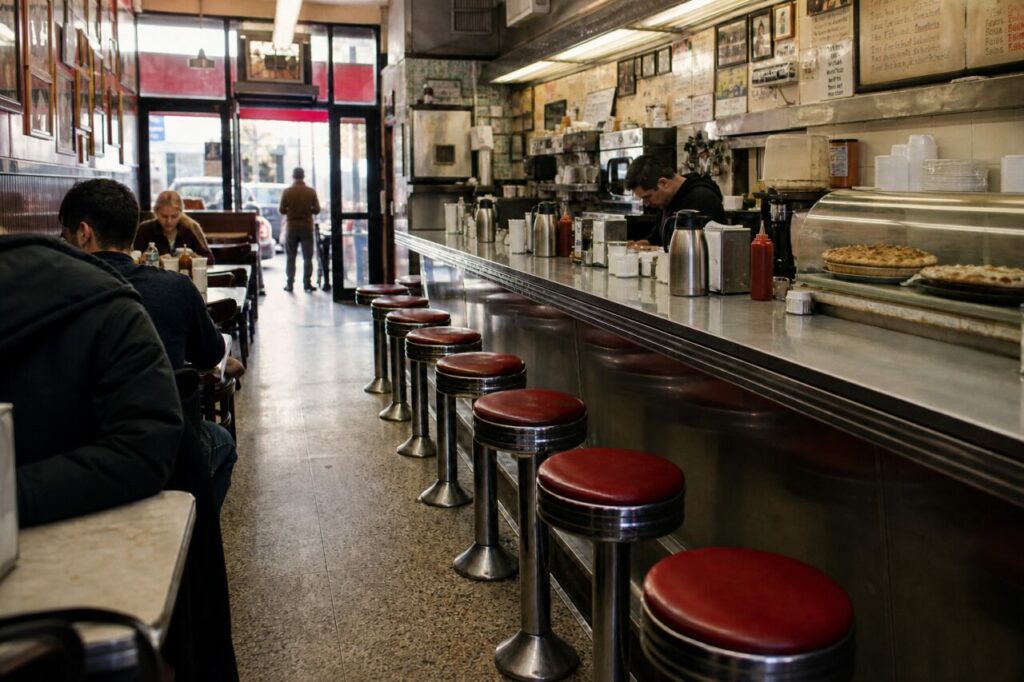 Allée de café entre tables occupées et comptoir à tabourets rouges