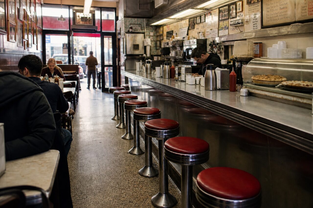 Café aisle between occupied tables and a red-stool counter