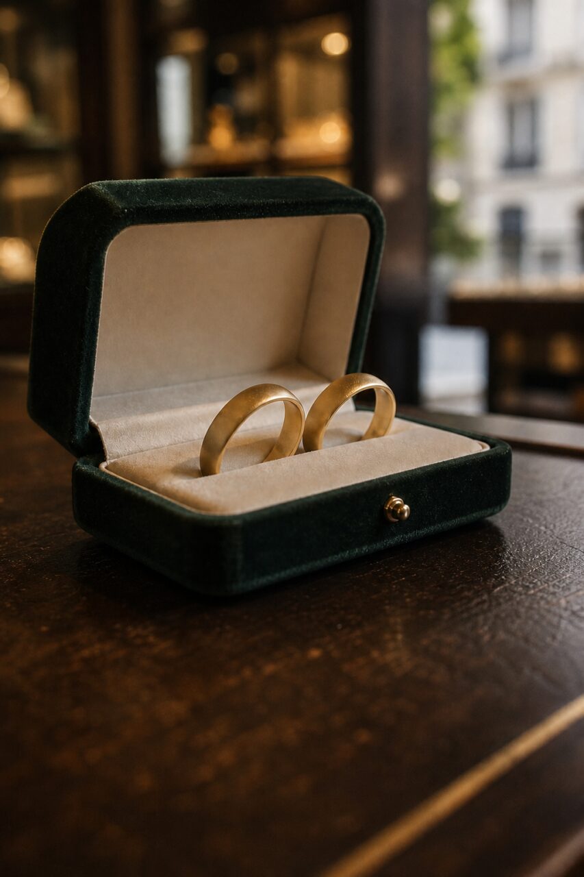 Goudkleurige ringen in een open doosje
