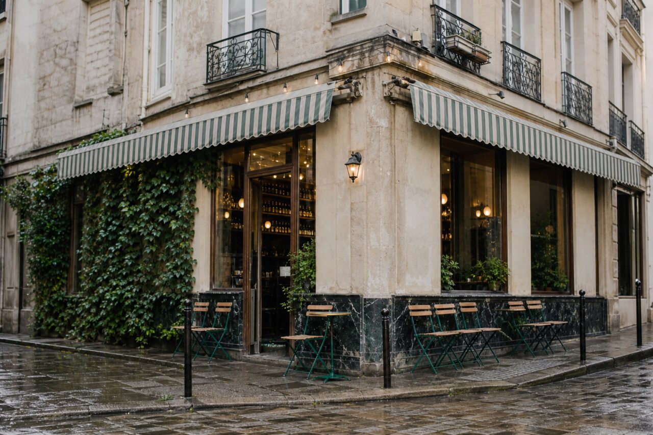 Angle de café couvert de stores et de lierre