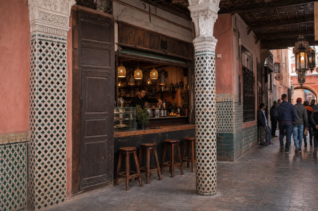 Angle latéral sur le café entre deux colonnes carrelées