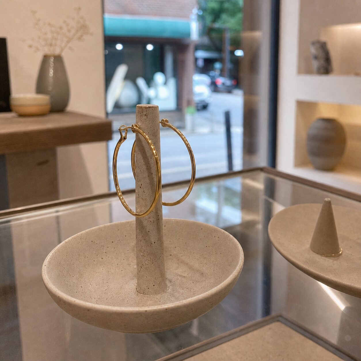 Golden-toned hoops centred in a square composition