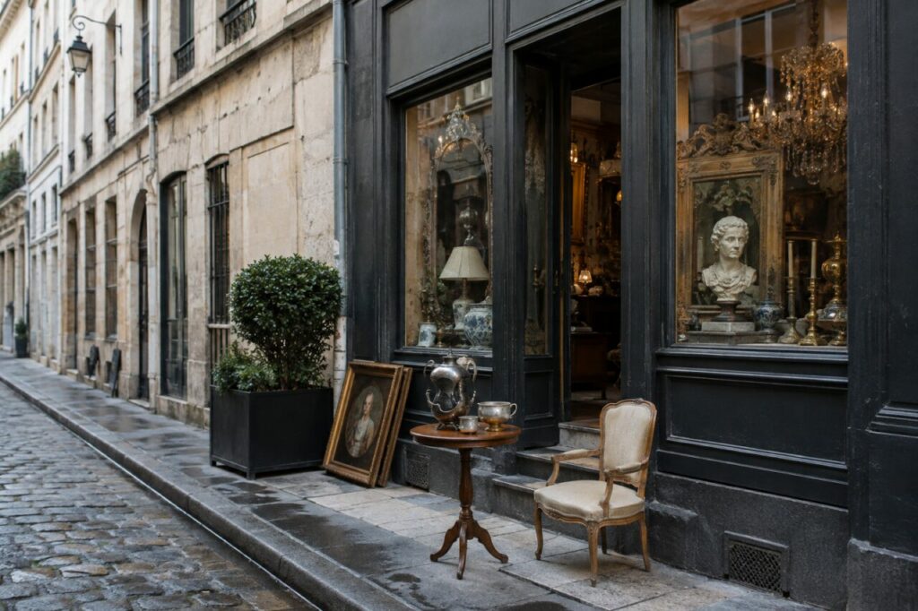 Schwarze Antiquariatsfassade an einer Pflasterstraße mit Büste und Keramik im Schaufenster
