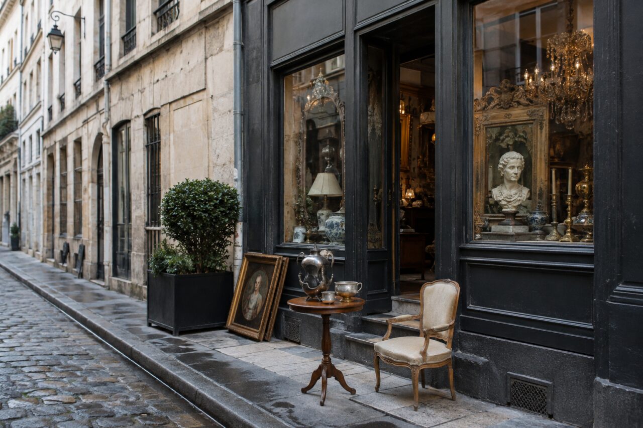 Schwarze Antiquariatsfassade an einer Pflasterstraße mit Büste und Keramik im Schaufenster