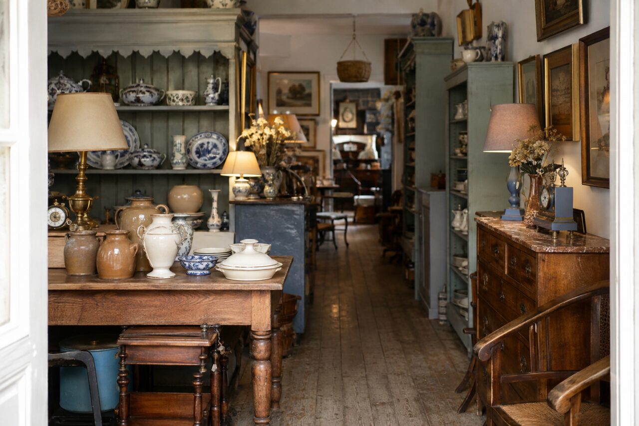 Antiquariatsladen mit Porzellan, Lampen und patinierten Möbeln entlang eines Durchgangs