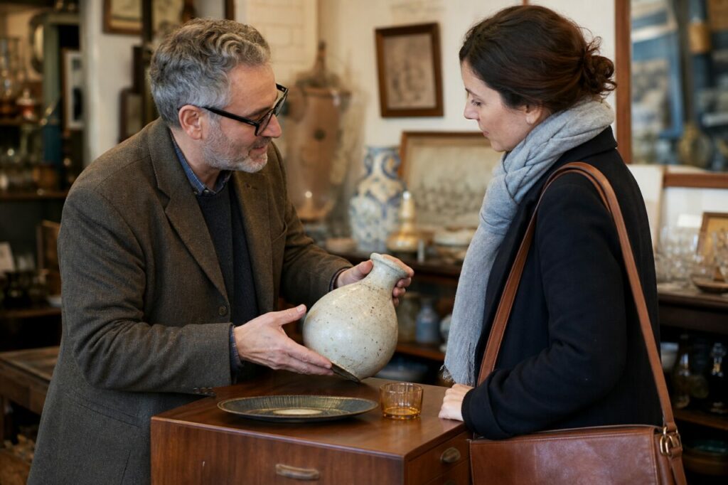 Antiquaire présentant un vase en céramique à une cliente au comptoir