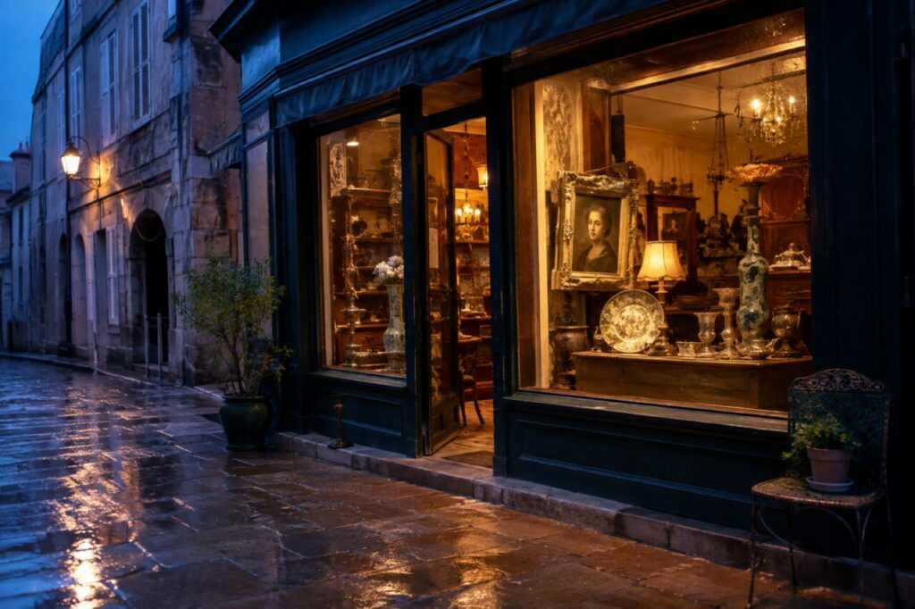 Vitrine d’antiquaire illuminée à l’heure bleue sous la pluie