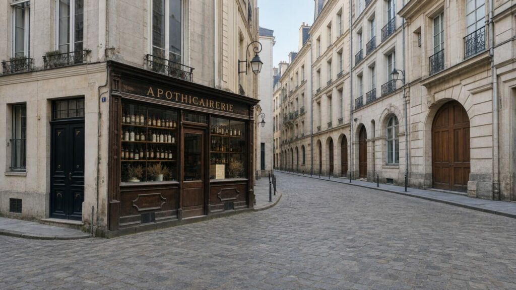 Apothicairerie ancienne à Nantes, façade en bois et rue pavée bordée d’arcades