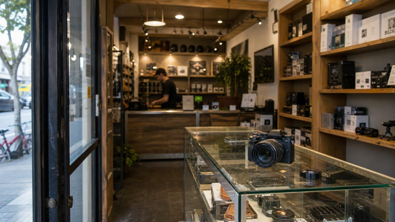Fotocamera mirrorless su una vetrina in un negozio di attrezzatura fotografica