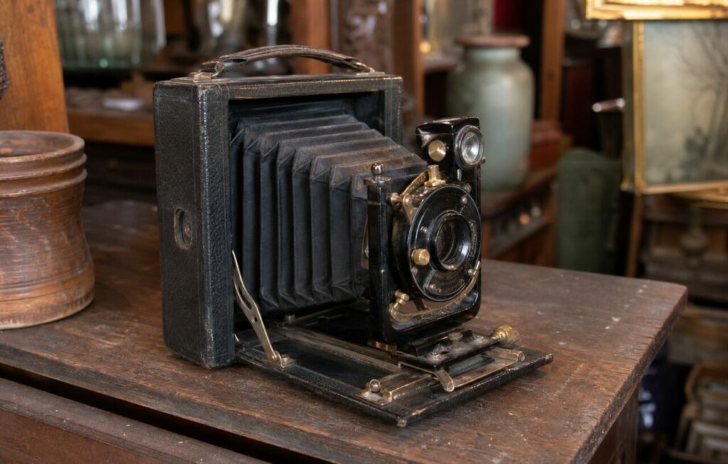 Appareil photo pliant noir à soufflet déployé sur un meuble en bois dans une boutique d’antiquités