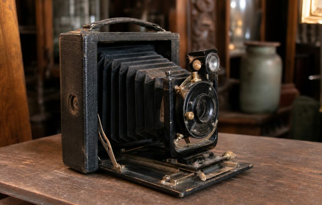 Appareil photo pliant noir éclairé de côté avec soufflet déployé et reflets sur les commandes métalliques