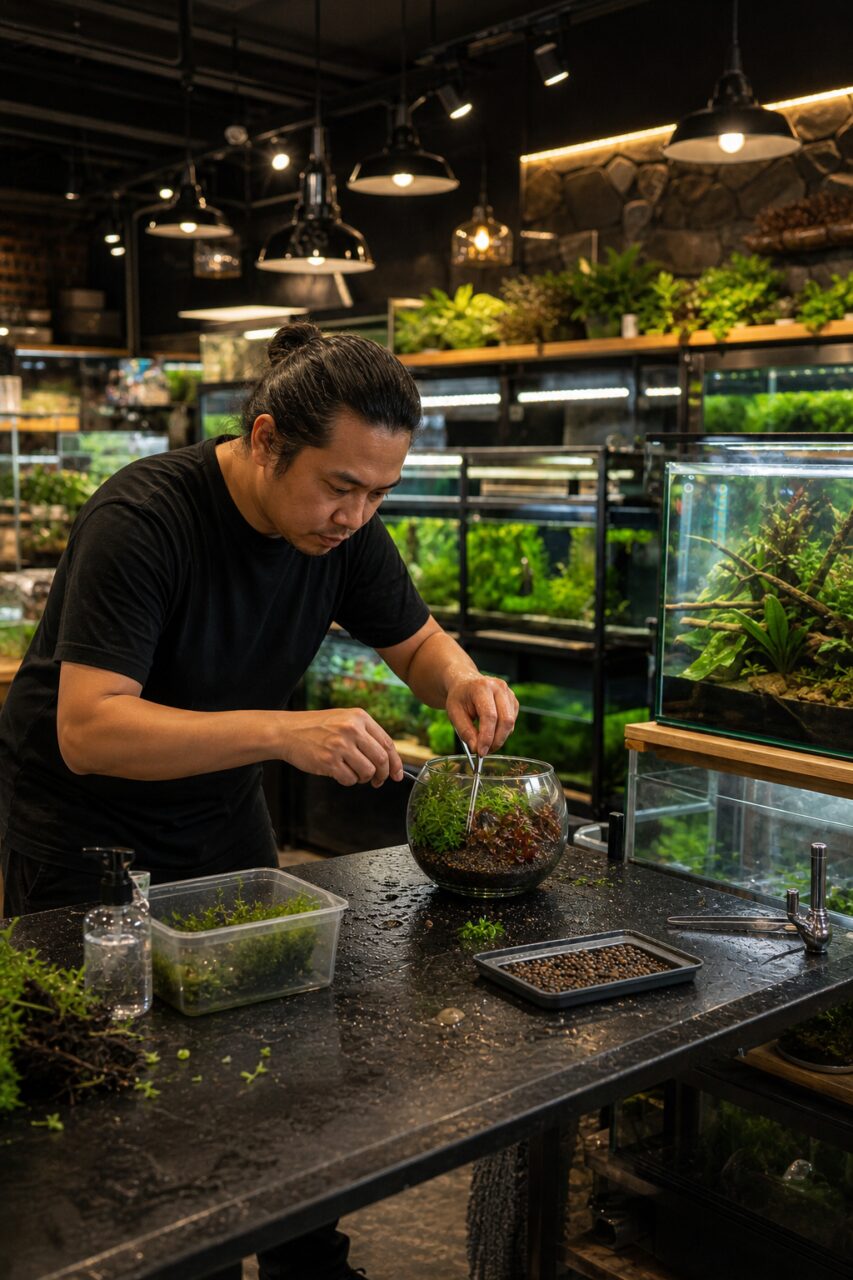 Aquascaper preparing a planted bowl in a shop