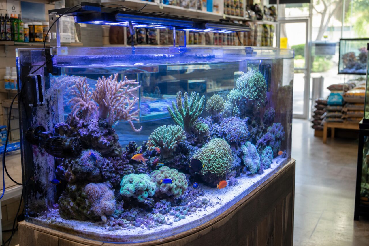 Acquario marino ricco di coralli sotto luce blu