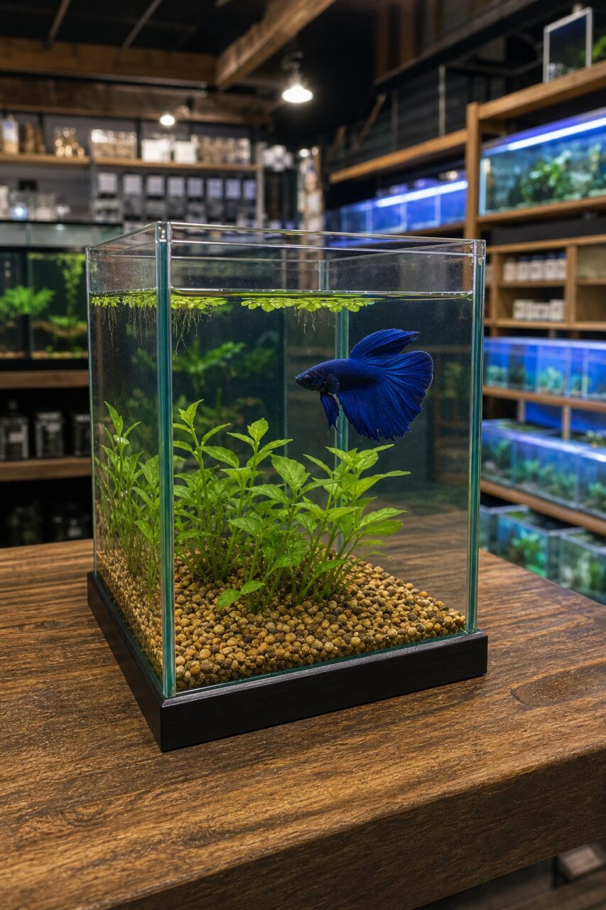 Acquario piantumato con betta blu in un negozio per animali