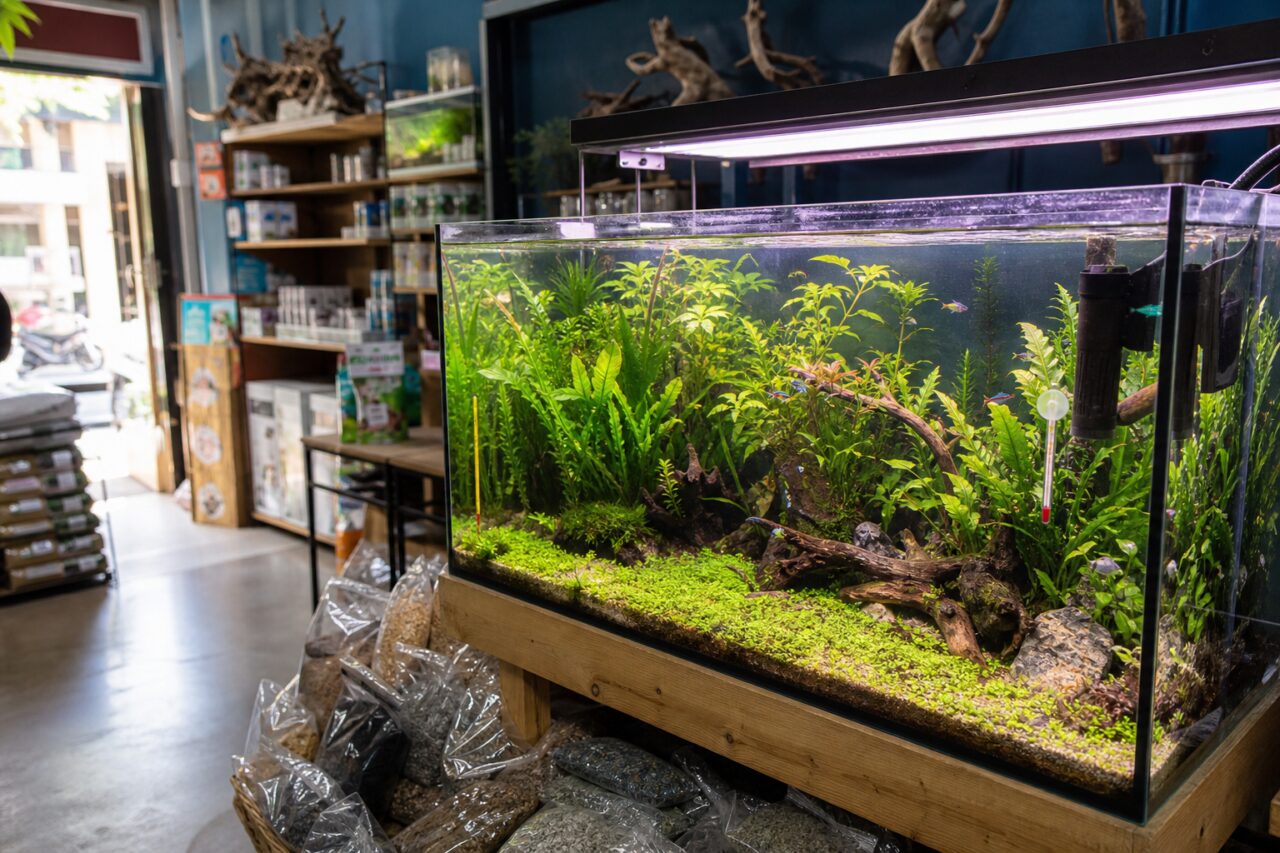 Beplant aquarium met vissen in een dierenwinkel