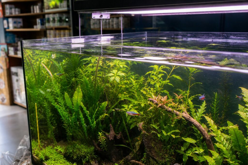 Neonfisch-Aquarium im Gang des Zoofachhandels