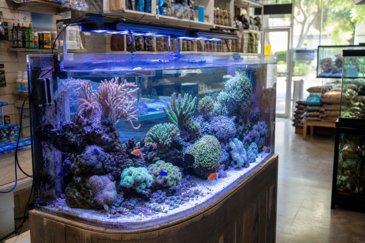 Blauw verlicht rifaquarium in een dierenwinkel