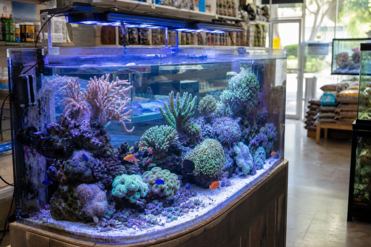 Rifaquarium in de winkel met koralen en kleurrijke vissen