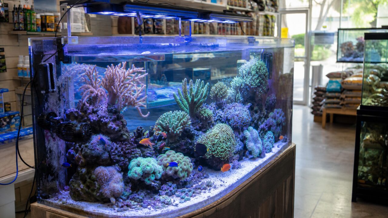Rifaquarium van voren onder blauwe lampen