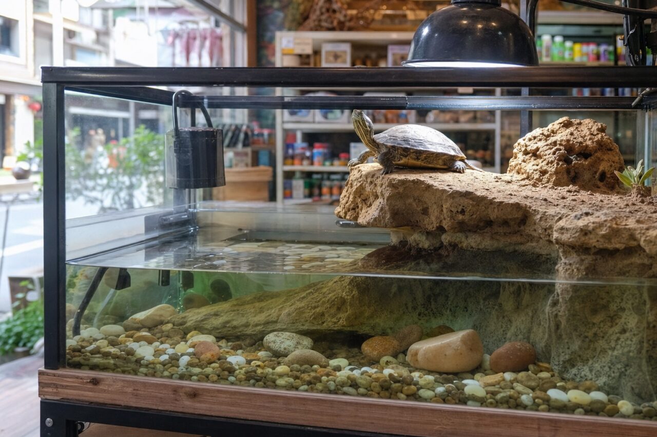 Glass turtle habitat with basking area and water section