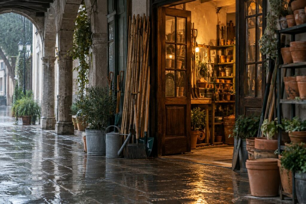 Sous une arcade de pierre, une quincaillerie-jardinerie après la pluie