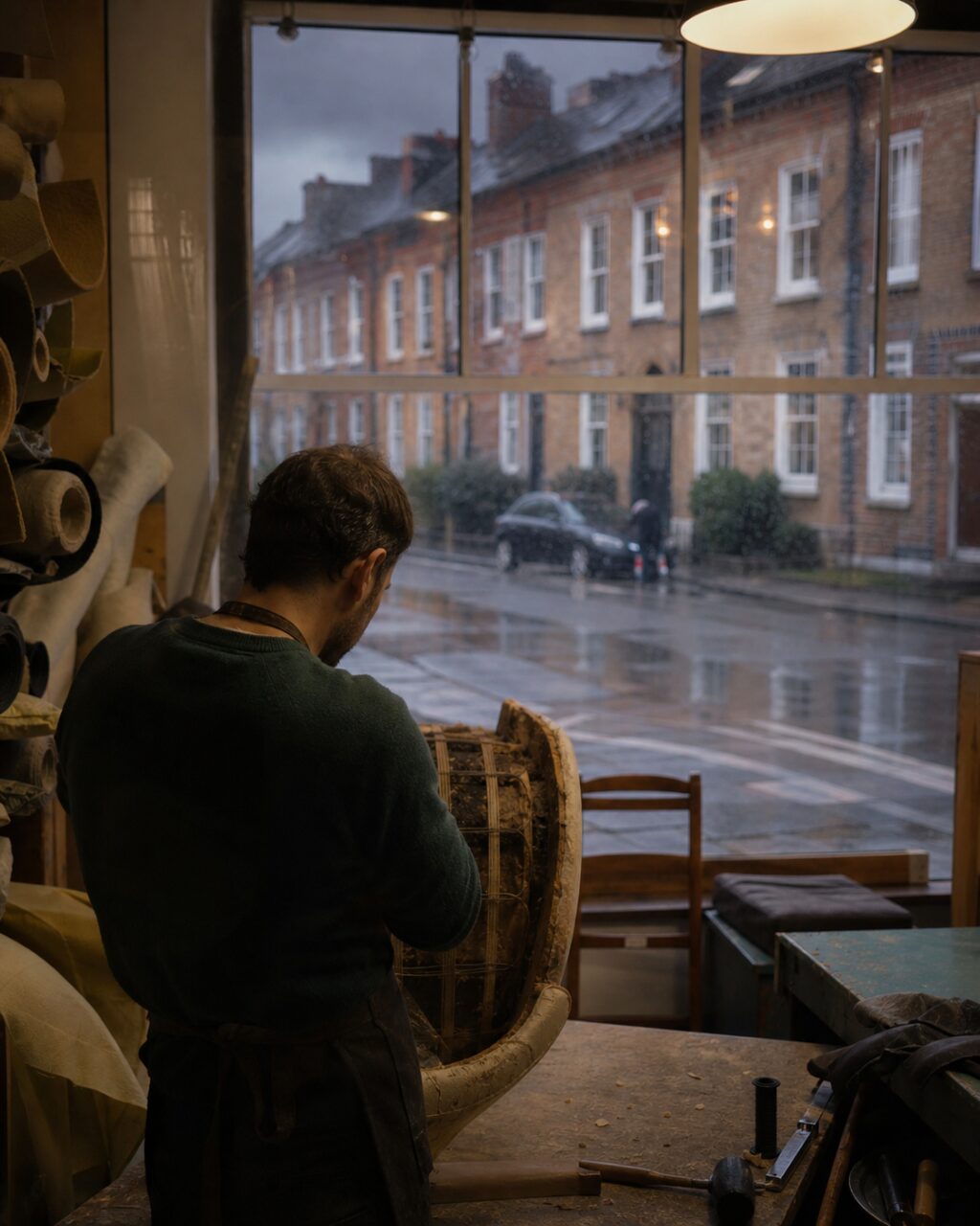Upholsterer seen from behind working on an armchair in a Dublin studio
