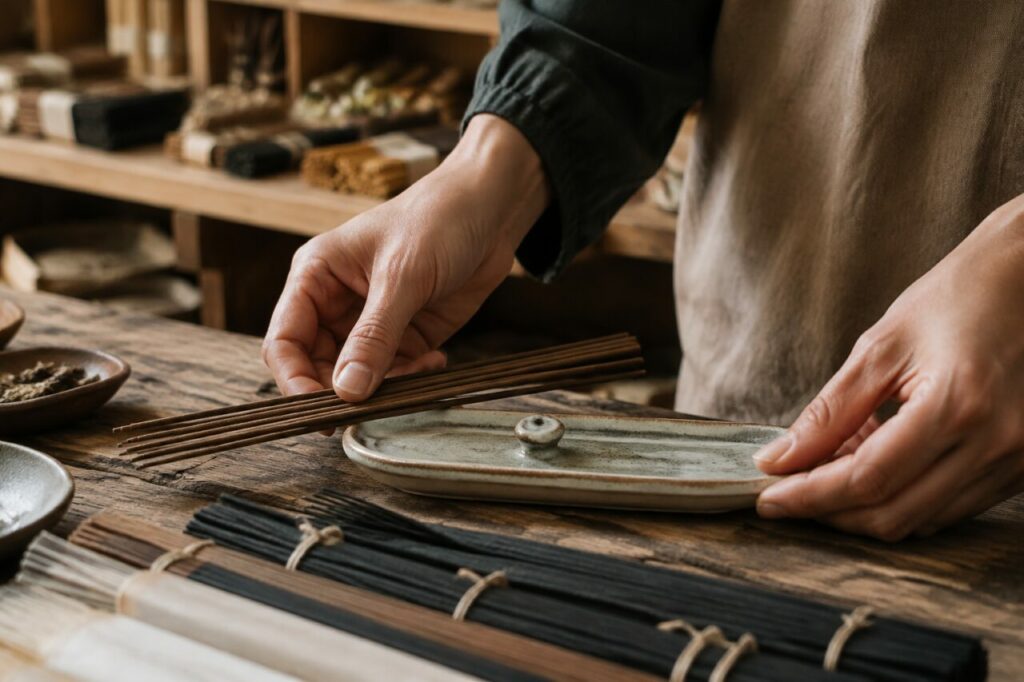 Artisan préparant un porte-encens dans sa boutique