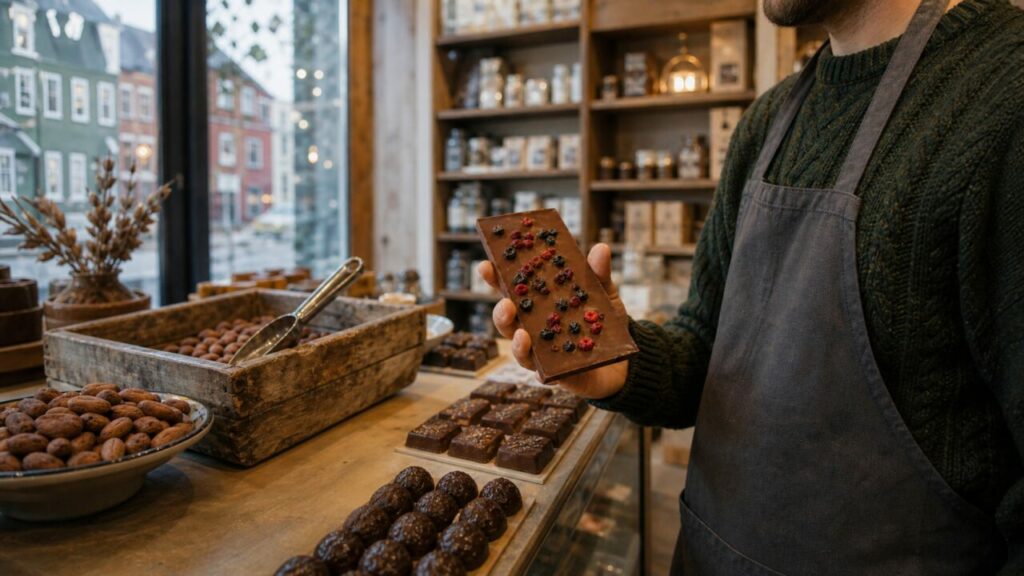 Artisan présentant une tablette aux baies