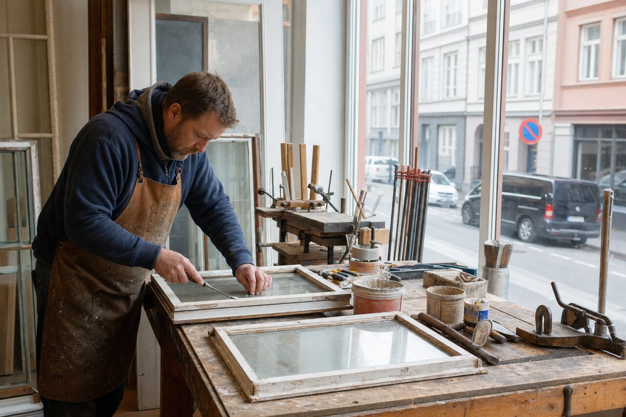 Artigiano che restaura un telaio di finestra in un laboratorio aperto su una strada di Oslo