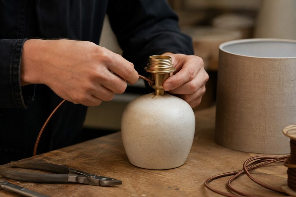 Assemblage d’une douille en laiton sur une lampe en céramique