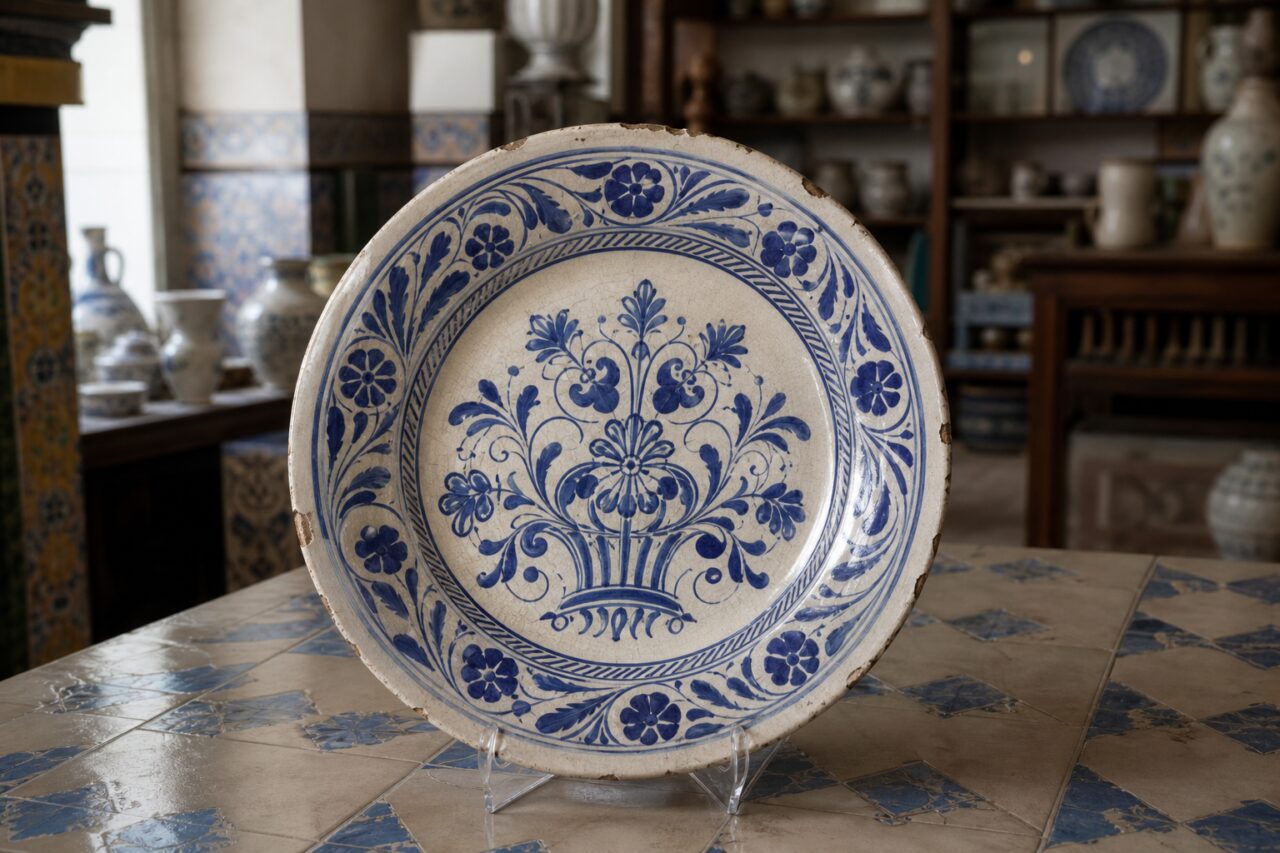 Assiette décorative en céramique à bouquet bleu et bord floral