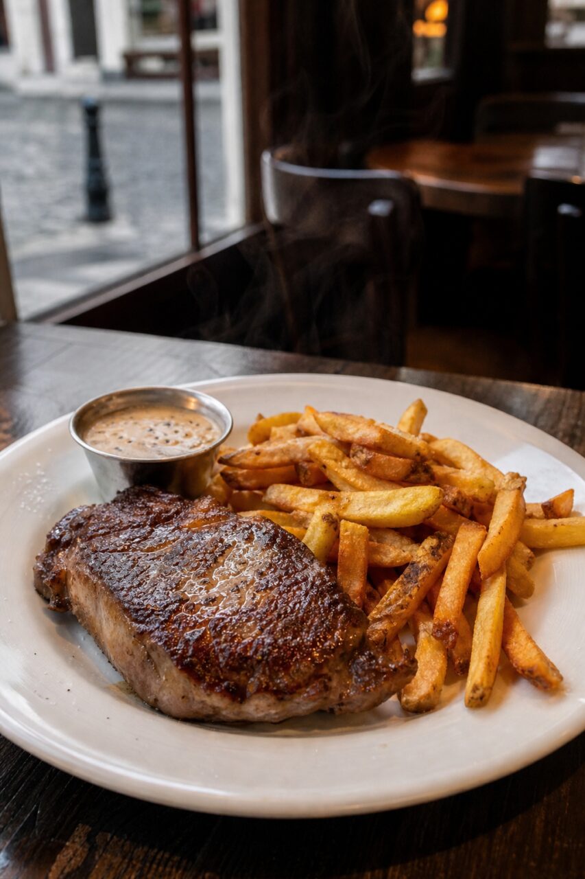 Vertikaler Steak-Pommes-Teller mit aufsteigendem Dampf und Sauce am Fenster