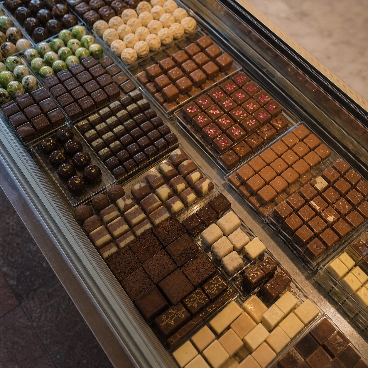 Assorted chocolates photographed from above in a display case