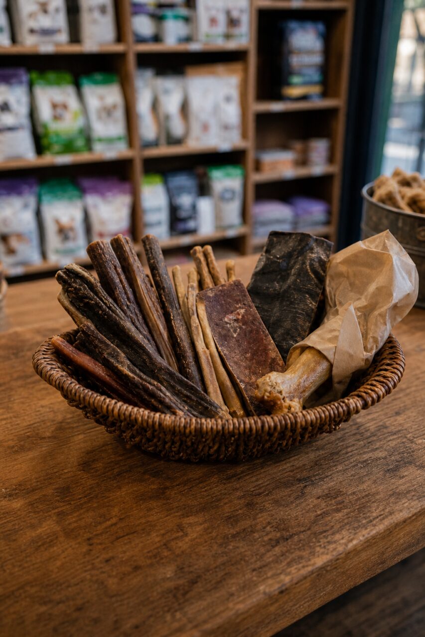 Assorted Dog Chews on a Wooden Table