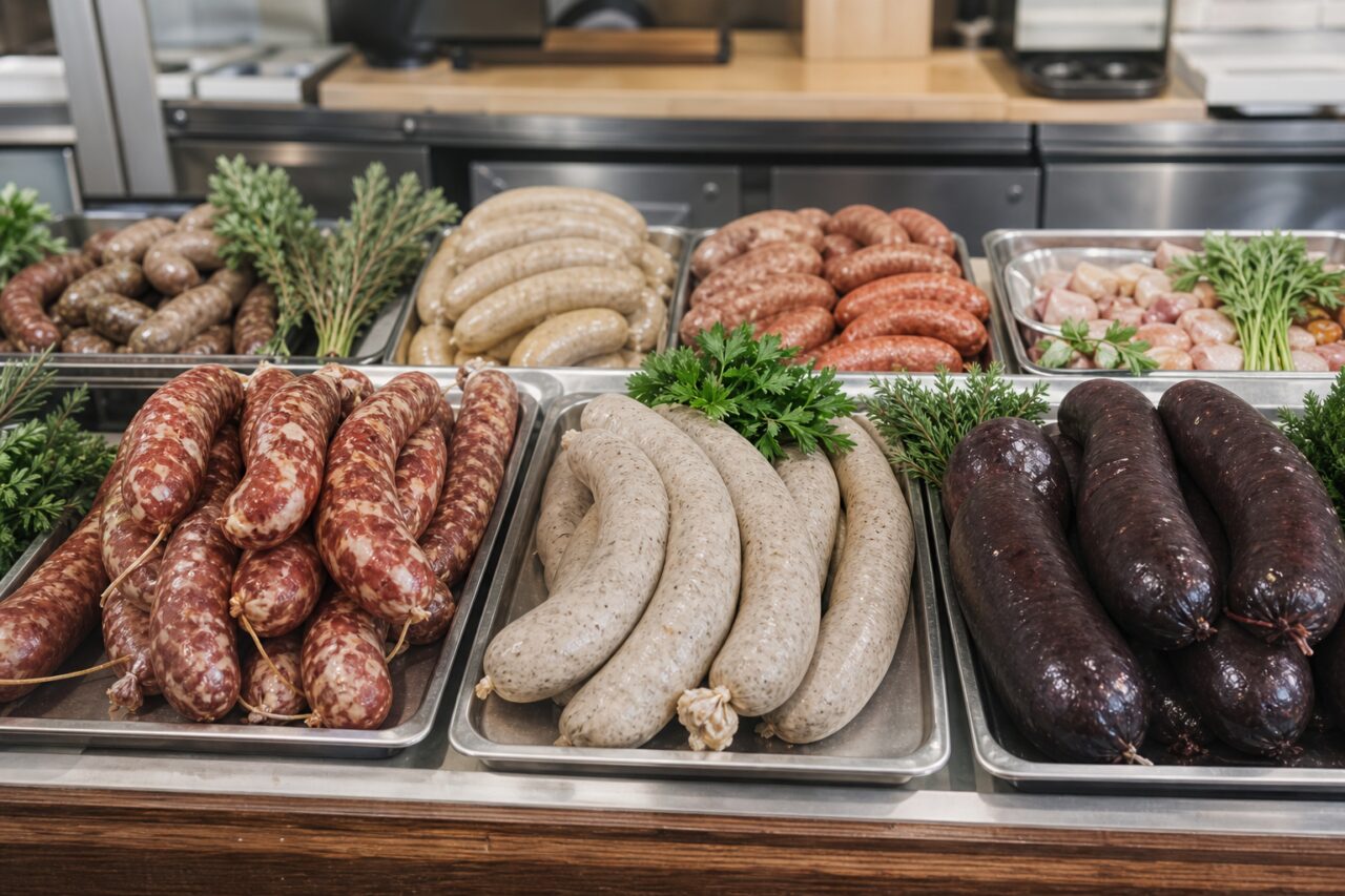 Assortment of sausages and blood sausages in a display case