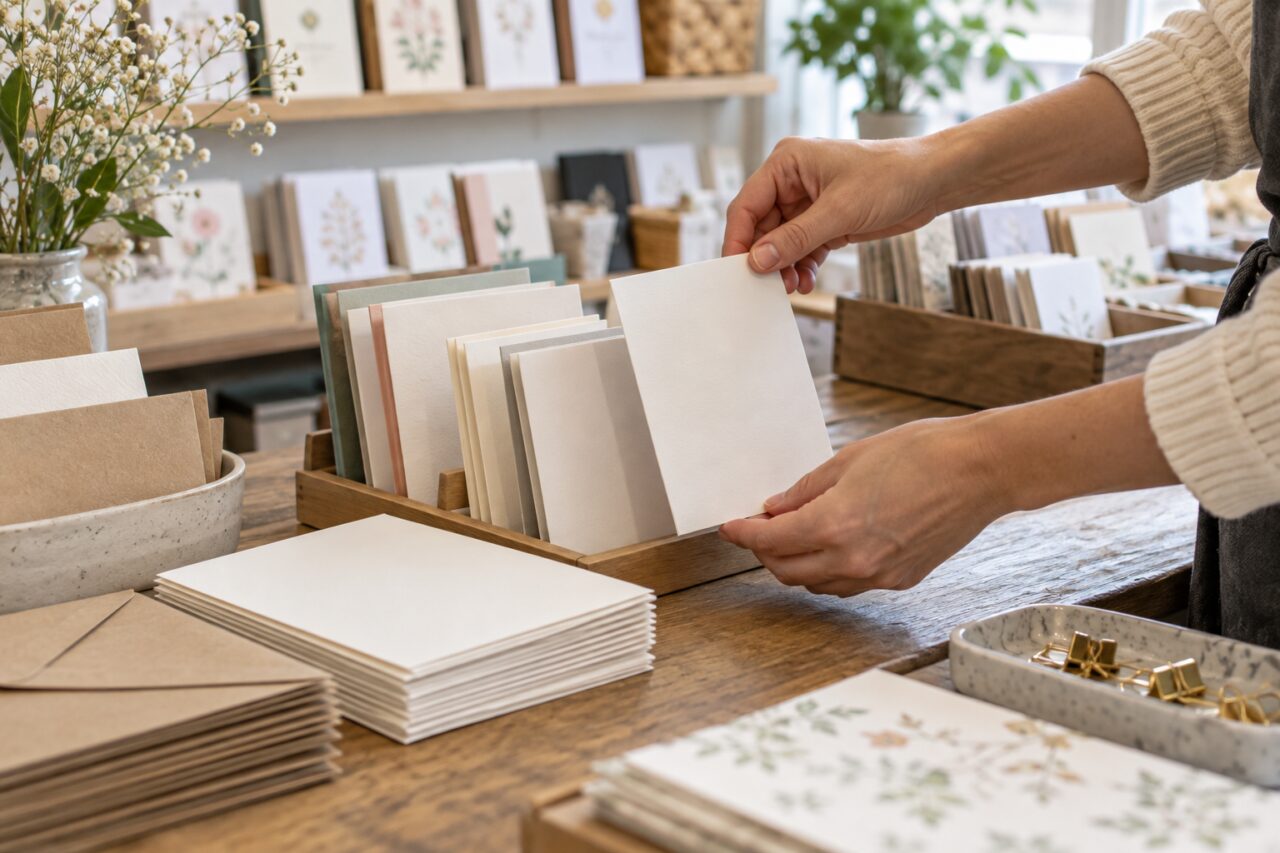 Atelier-boutique d’imprimerie — arranging cards on a counter