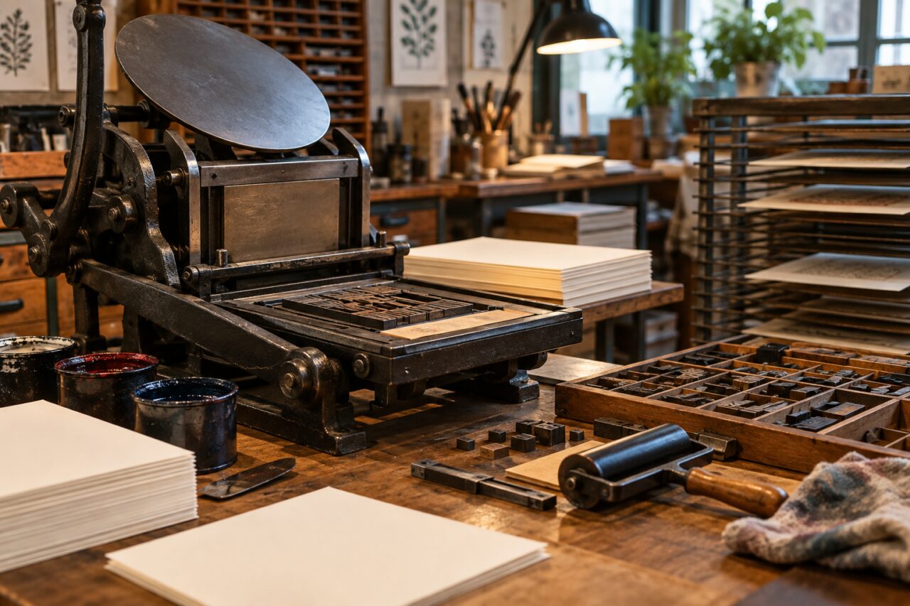 Atelier-boutique d’imprimerie — at a letterpress workstation