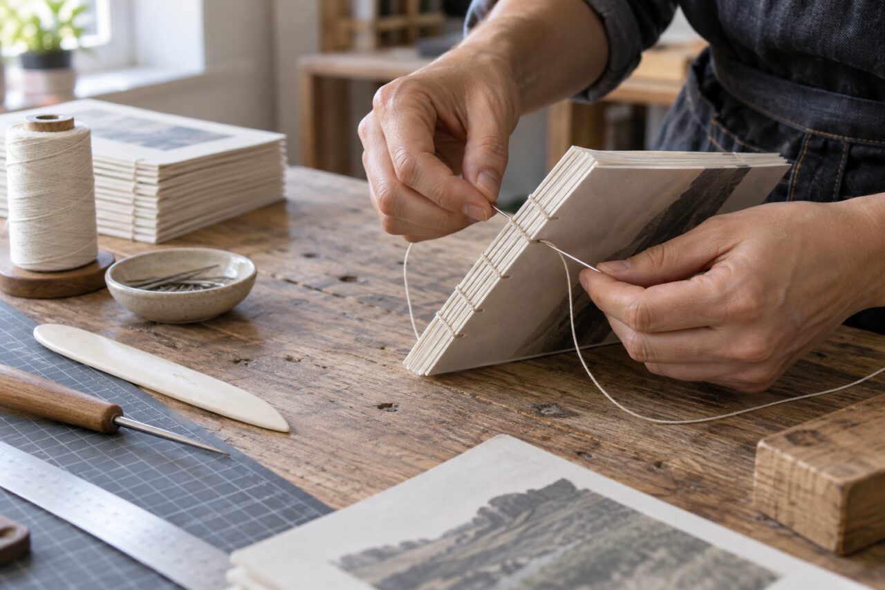 Unabhängige Druckerei — binding a small printed booklet