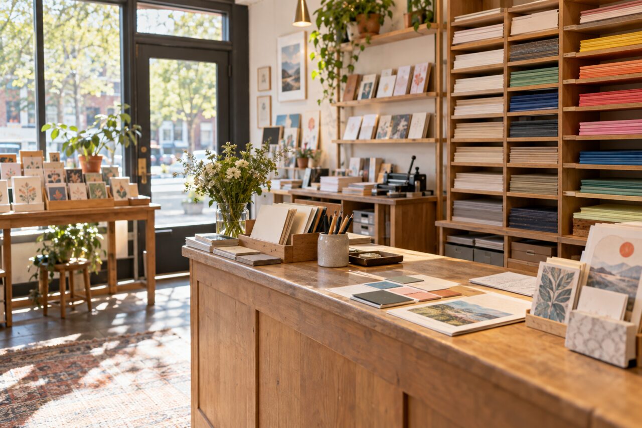 Zelfstandige drukkerijwinkel — with paper shelves and samples