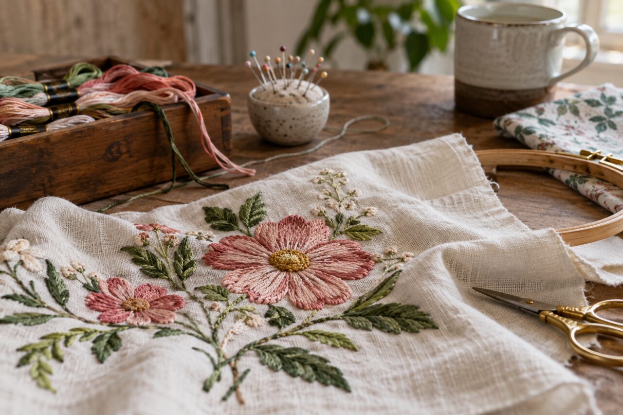 Atelier-boutique de broderie — a close view of stitched floral cloth