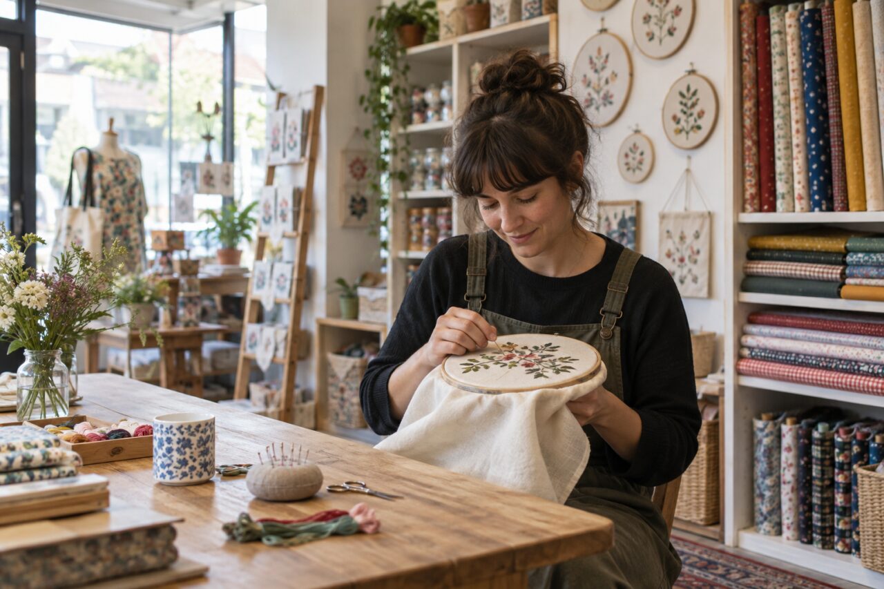 Tienda independiente de bordado — inside a bright independent needlework shop