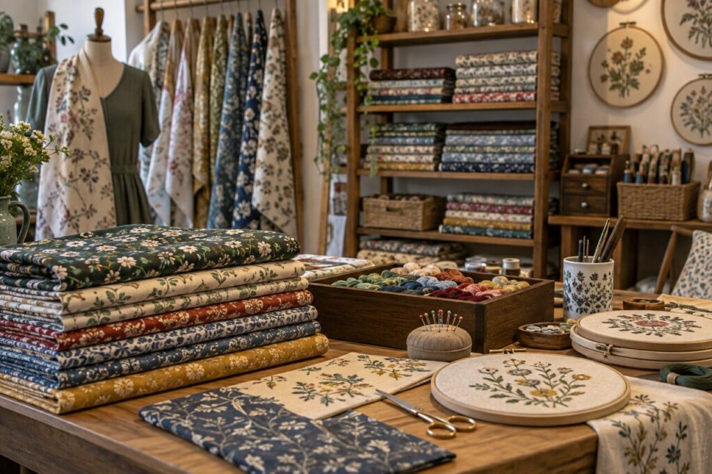 Atelier-boutique de broderie — showing patterned fabrics and needles