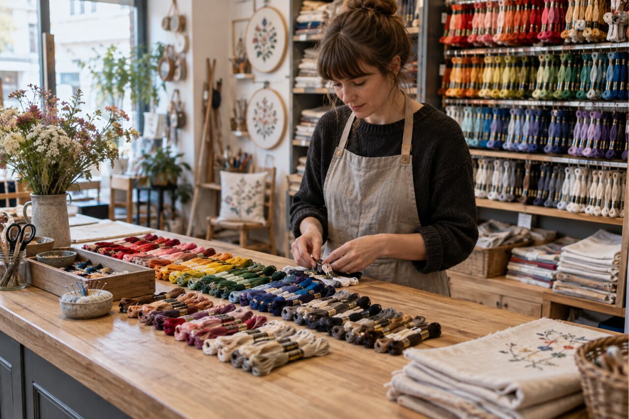 Tienda independiente de bordado — sorting threads at a wooden counter