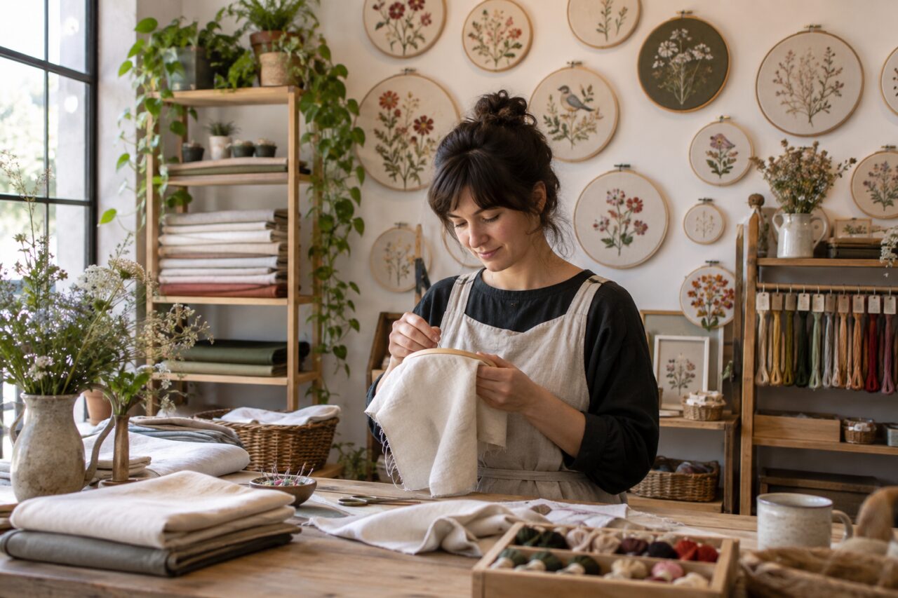 Loja independente de bordados — with embroidery hoops on a wall display