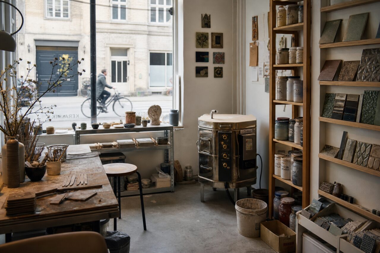 Laboratorio di ceramica visto dalla vetrina con forno e piastrelle a Copenaghen