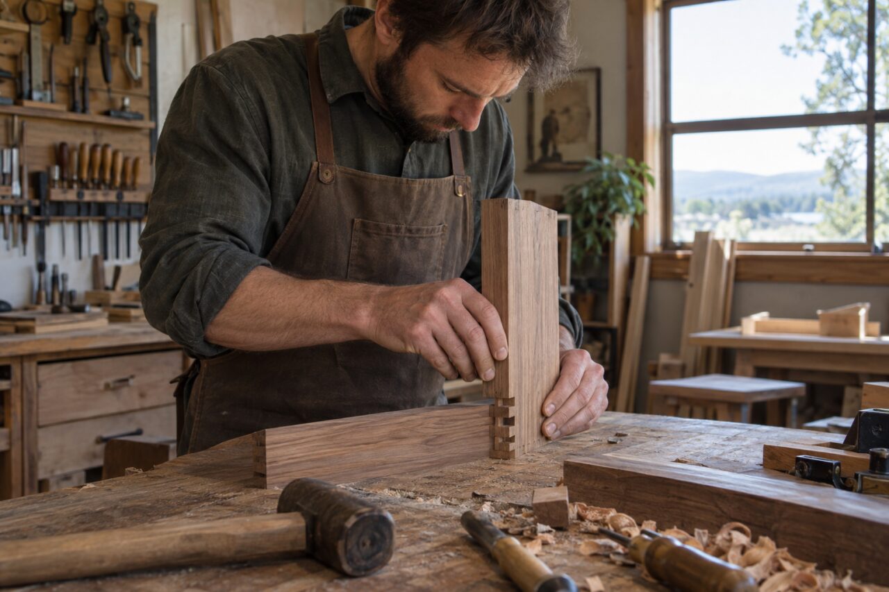 Atelier d’ébénisterie indépendant — fitting a wooden joint by hand