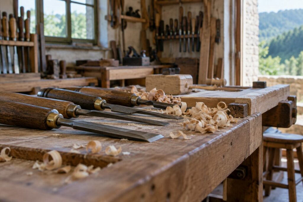 Oficina independente de marcenaria — showing chisels and fine shavings