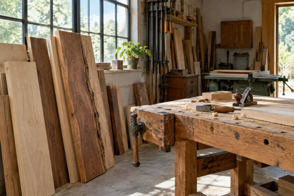 Oficina independente de marcenaria — with boards stacked beside a workbench